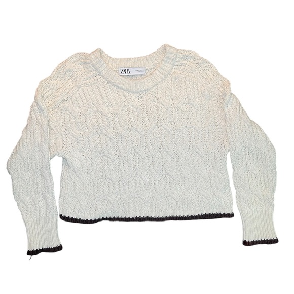 Zara cable knit boxy sweater M lvory with brown contrast trim retro style - Picture 4 of 4